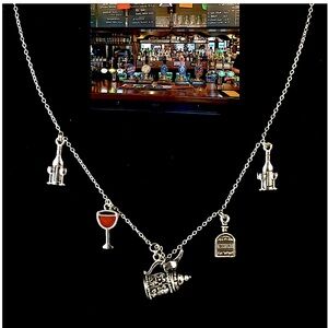 "At The Pub" Handmade Silver Charm Necklace, Beer Stein Wineglass Whisky Bottle